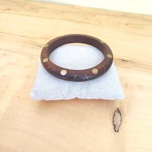 Vtg Handcrafted Wood & Brass Inlay Bangle Bracelet Boho Stackable Bohemian